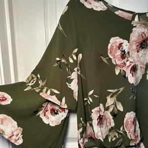 Olive Green Floral Bell Sleeve Top Size Medium